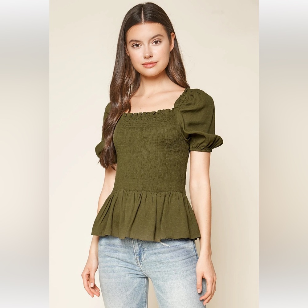 SUGAR LIPS "Someone New" Smocked Peplum Top Olive Size S